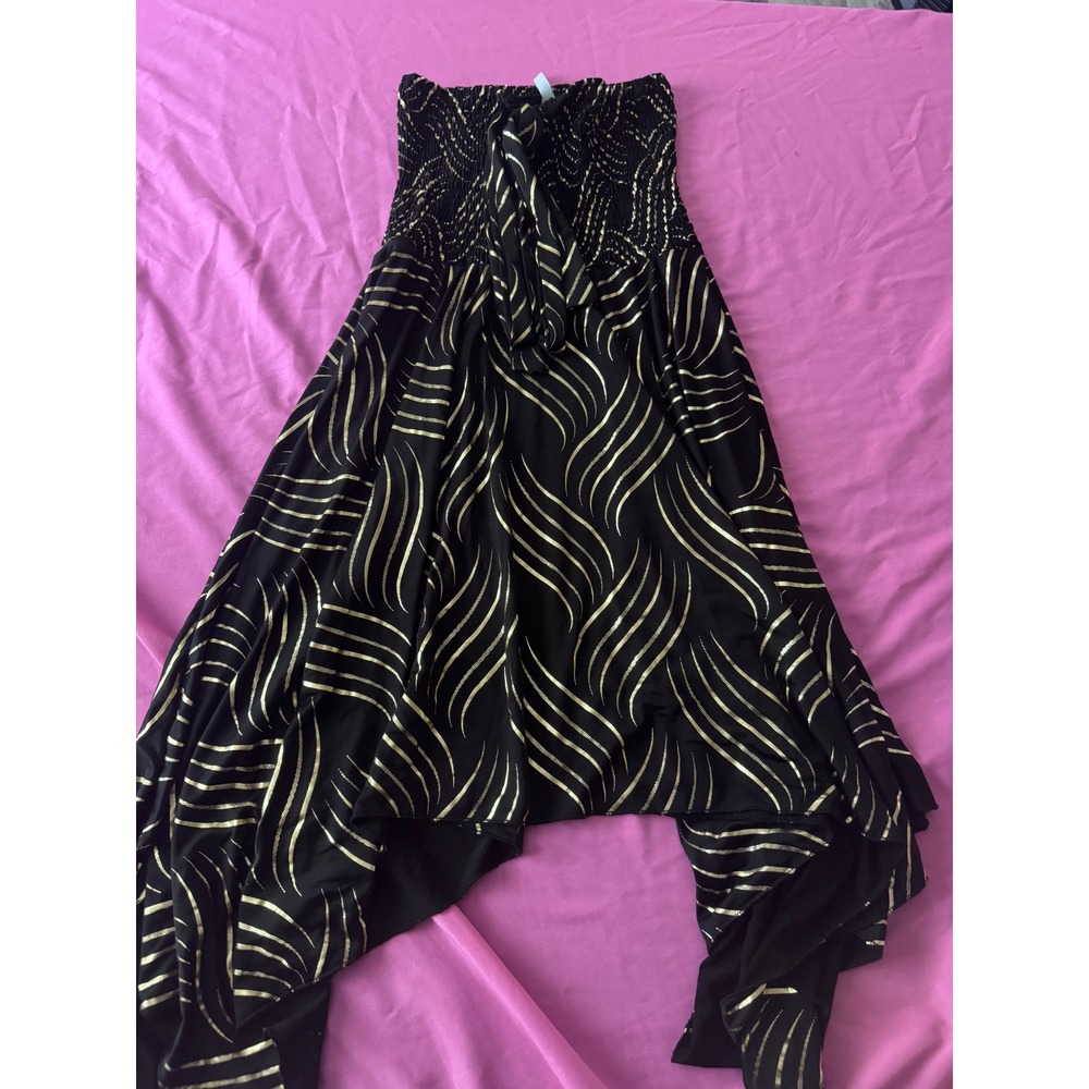 Shoreline Black Gold Metallic Wave Smocked Handkerch Hem Dress One Size Fits All